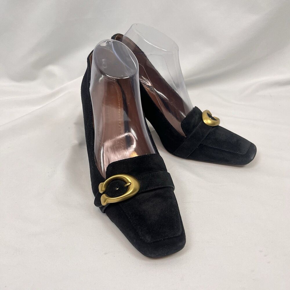 Black Suede Wedge Pumps Gold Buckle Horse Carriage Women’s 9